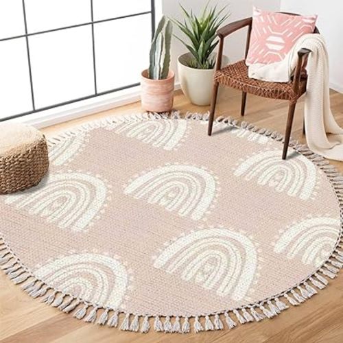 Round Boho Rug Kids Hand Drawn Seamless with Pink Pastel Rainbows Summer for Baby Area Linen Carpet Patio Hallway Runner Mat Pad Minimalist Home Decor Living Room Outdoor, Multi, 4 ft