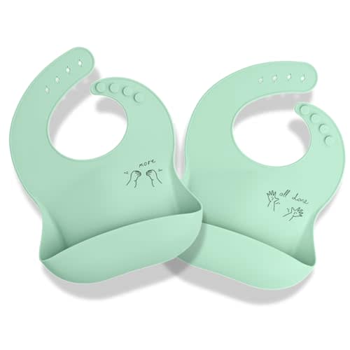 APLAINR Baby Sign Language Bib, Silicone Baby Bibs, ASL Graphics, Food Catcher, Adjustable, Waterproof, Soft, 6-36 Months
