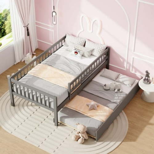 PORKISS Twin Bed Frame for Kids with Trundle and Fence Guardrails, Upgrade Pine Wood Platform Bed Frame for Boys Girls, No Box Spring Needed, Gray