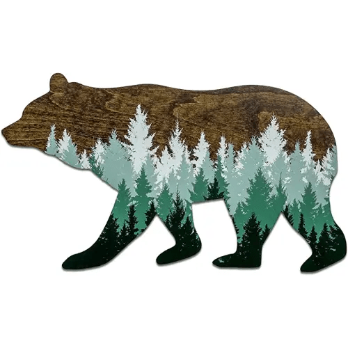 Forest Bear Wall Sign, Adventure Woodland Theme, Rustic Nursery Decor, Man Cave Home Bedroom Cabin Office House Art Decorations, Hickory Hollow Designs… (Dark Walnut/Green Pine Trees)