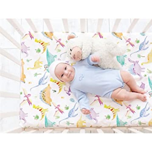 Crib Sheets for Boys Girls, Dinosaur Crib Sheet Neutral, Baby Toddler Sheets, Standard Crib Fitted Sheet, Ultra Soft and Breathable, 28 x 52 Inch