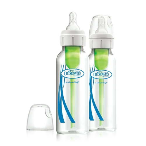 Dr. Brown's Natural Flow Anti-Colic Options+ Narrow Glass Baby Bottle 8 oz/250 mL, with Level 1 Slow Flow Nipple, 2 Pack, 0m+