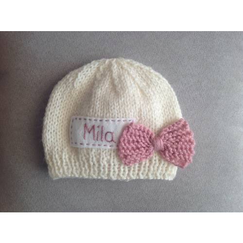 Baby knit beanie, baby hat with name, personalized baby hat, newborn hospital outfit, newborn photo prop, knit hat bow, gift for new baby,