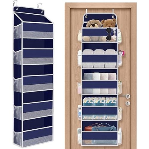 1 Pack Over The Door Organizer, Hanging Storage Organizer with Clear Window, 40lb Ultra Sturdy Large Capacity Room Organizer for Pantry Laundry Bathroom Nursery Closet (Blue)