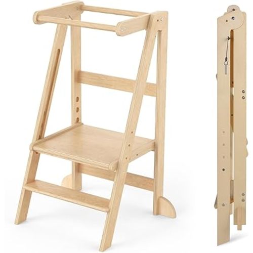 Cowiewie Foldable Toddler Tower, 4 Heights Wooden Standing Tower, Lock and Fold Safety, Space-Saving Fold, 18M-6Y