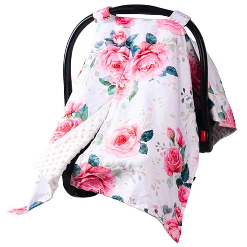 Wirein Baby Car Seat Cover,Carseat Covers Baby Girl, Multi-Use Minky Infant Canopy for Babies,Minky Infant Car Seat Cover Winter,Ultra-Soft Nursing & Stroller Cover,Pink Rose