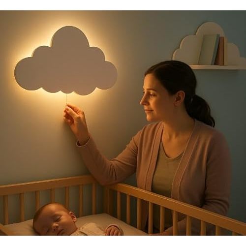 BugyBagy White Cloud Wall Lamp – Hand-Painted LED Night Light for Baby & Kids Room – Wooden Nursery Wall Decor