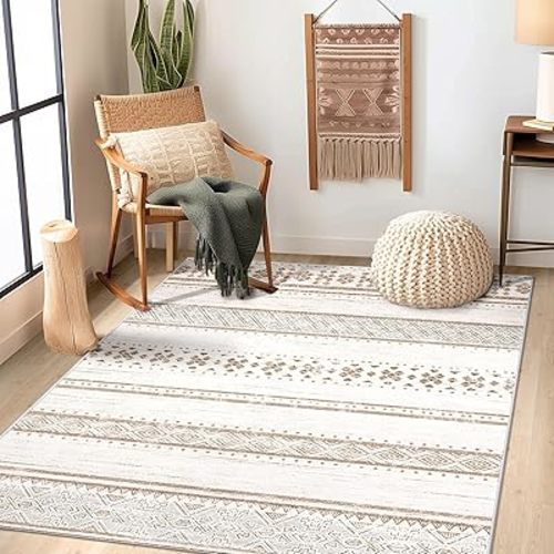 BESTSWEETIE 7x5 Area Rugs for Living Room Washable Moroccan Farmhouse Neutral Geometric Low Pile Non-Slip Soft Print Pattern Rug for Bedroom Kitchen Dining Room Entryway Cream/Brown/Pink