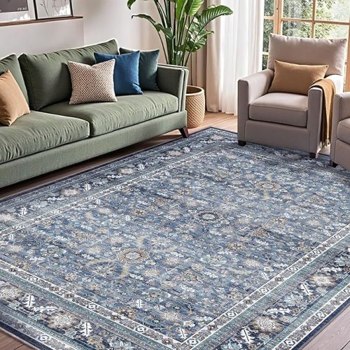 OPPODREAM Thin Vintage Blue Area Rugs 5x7, 5 x 7 Retro Washable Rug Non Slip, Low-Pile Faux Wool Carpet, Distressed Navy Floor Mat for Living Room, Bedroom, Kitchen, Office, Dorm, Dinning Room