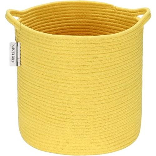 Sea Team Medium Size Cotton Rope Woven Storage Basket with Handles, Laundry Hamper, Trunk Organizer, Clothes Toys Bin for Kid's Room, 14 x 14 inches, Round Open Design, Yellow