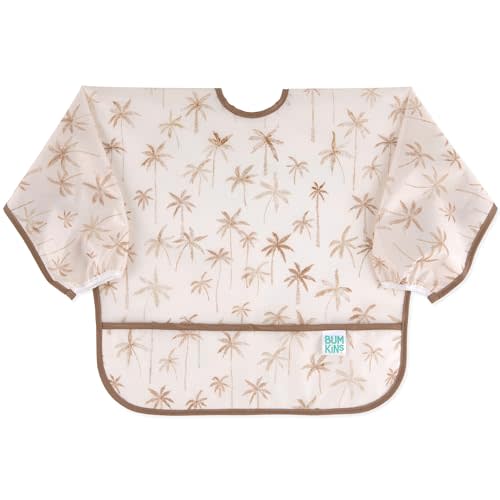 Bumkins Sleeved Bib for Girl or Boy, Baby and Toddler for 6-24 Mos, Essential Must Have for Eating, Feeding, Baby Led Weaning Supplies, Long Sleeve Mess Saving Food Catcher, Soft Fabric, Palm Trees