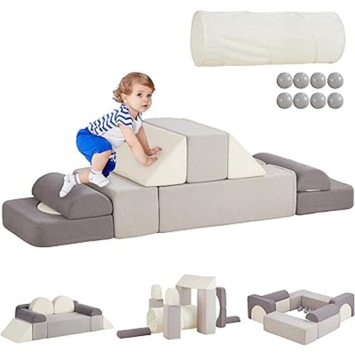 Beright Toddler Climbing Toys Indoor, Foam Climbing Blocks with Crawl Through Tunnel and Balls, Play Nugget Couch for Toddlers, Kids Foam Convertible Play Building Fort, Grey