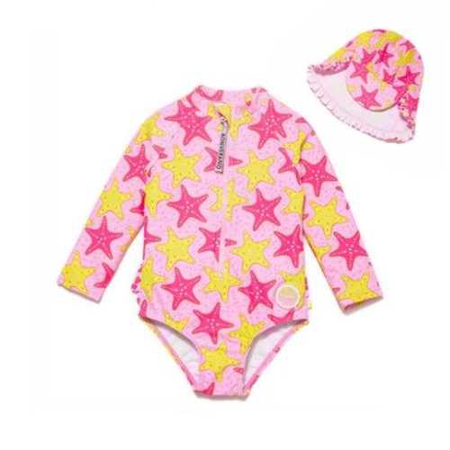 BONVERANO Baby Girls Swimsuit UPF 50+ Sun Protection, Long Sleeve Zipper One Piece Swimwear, Ruffle Toddler Bathing Suit(Starfish 9-12months)