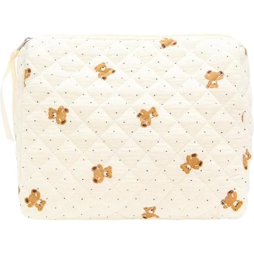 PAZIMIIK Quilted Makeup Bag Large Travel Zipper Soft Cosmetic Pouch for Women Girls Make Up,Gauze Bear