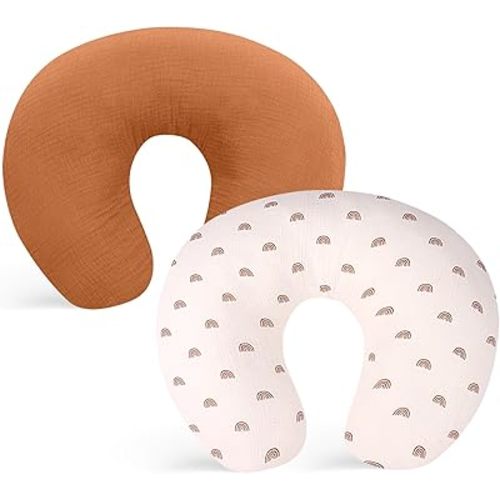 Winmany 2 Pack Muslin Nursing Pillow Covers Soft Cotton Newborn Breastfeeding Pillow Cover Baby Feeding Pillow Slipcover Shower Gifts for Boys Girls (Orange + Rainbow)