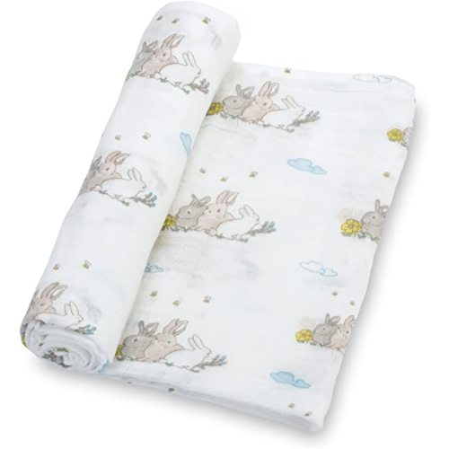 LollyBanks 100% Cotton Soft Muslin Swaddle Blankets, Rabbit Theme, 47 x 47 Inches, Unisex, Somebunny Loves You