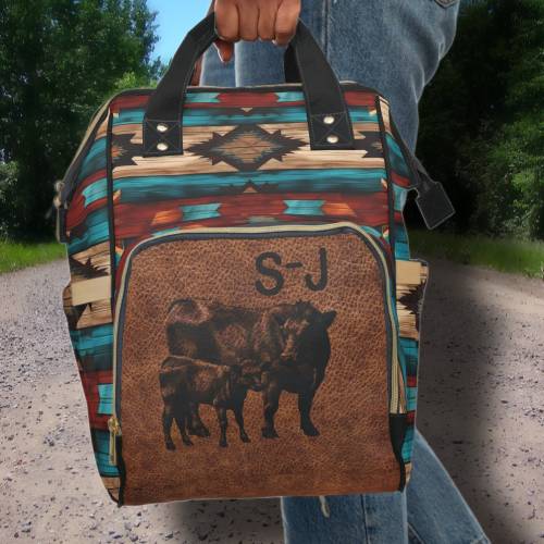PERSONALIZED Angus Pair Saddle Blanket Aztec Western Backpack Western Diaper Bag - 100% DIGITALLY PRINTED Design - Cowboy Cowgirl Baby Gift