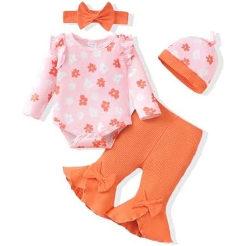 Newborn Baby Girl Clothes Infant Winter Fall Outfits Clothing Romper Ribbed Bell Bottoms Flared Pants Outfit Sets