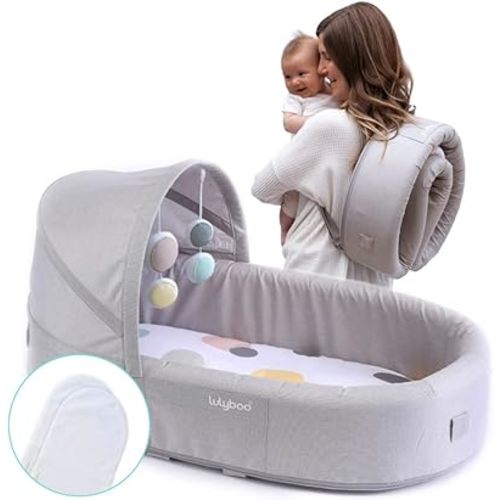 Lulyboo Portable Baby Travel Lounge & Playpen - Indoor/Outdoor Cuddle & Play Baby Bed, Adjustable Backpack, Waterproof, Lightweight, Includes Changing Pads, Plush Toys & Removable Canopy (Bubble 2)