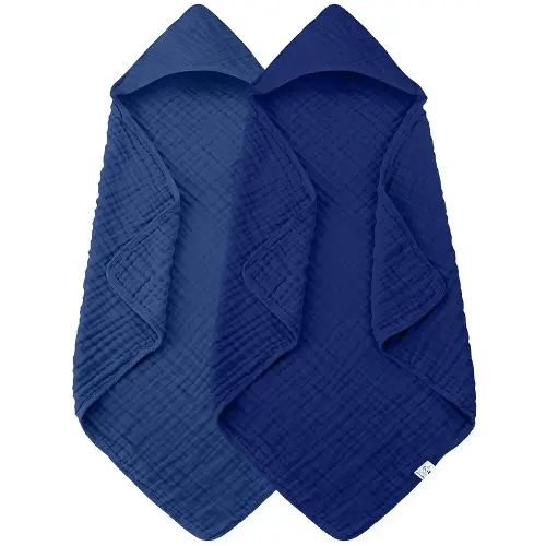 2 Pack Hooded Baby Towels - 100% Muslin Cotton for Newborns, Infants, Toddlers - Large 32x32 Inch Size - Highly Absorbent and Essential for Newborn Care, Deep Navy