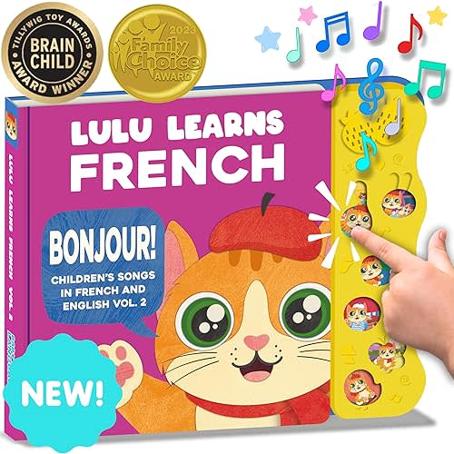 French Books for Kids Vol. 2: Musical French Baby Book Learning Toys w/ English, Lulu Learns French, Bilingual Language Interactive Toy for Toddlers, Babies, Boys, Girls & Children