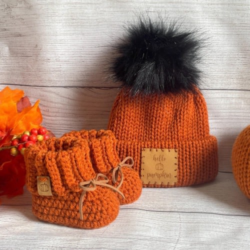 Hello Pumpkin Baby Beanie & Booties Set - Knit Baby Beanie - Crochet Baby Booties - Baby's First Outfit - Going Home Outfit - Baby Gift