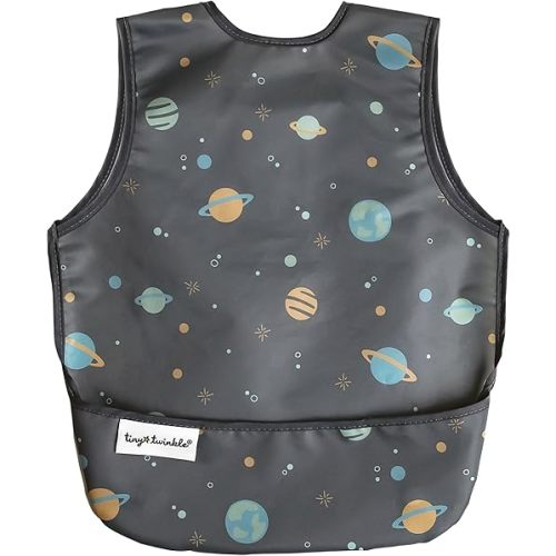 Tiny Twinkle Mess Proof Baby Bib - Waterproof & Lightweight Baby-Led Weaning Apron | 100% Recycled Polyester, Easy Clean & Machine Washable (Space, Small 6-24 Months)