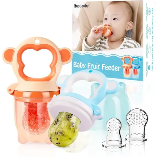 Baby Fresh Fruit Feeder Pacifier, 2 Pack HAOBAOBEI Baby Teether for Chewing, Freezable Infant Teething Toy, Teething Relief, Food Feeder with 4 Silicone Pouch, BPA Free - Monkey (Orange & Blue)