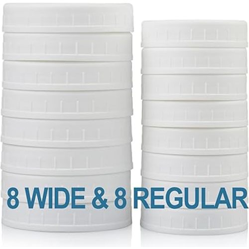 AOZITA 16-Pack Plastic Mason Jar Lids - 8 Regular Mouth and 8 Wide Mouth Jar Lids - Plastic Storage Caps for Ball, Kerr Canning Mason Jars - 100% Sealing & Dishwasher Safe & Food Grade
