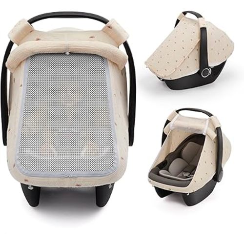 Blissful Diary Baby Car Seat Cover, Extra Large Mesh Window, Breathable Muslin Cotton, Infant Windproof Canopy, Must-Have Baby Gift - Sunshine