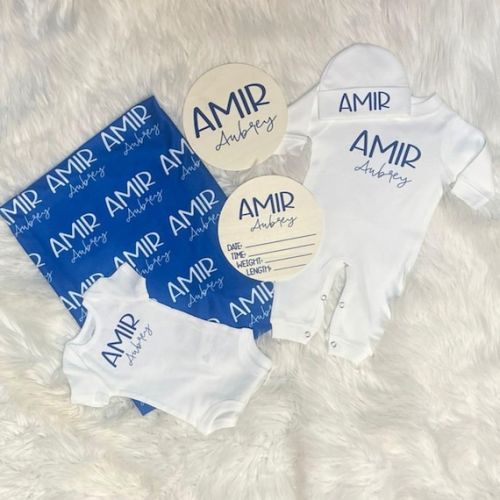 Personalized Baby Name Blanket Set: Minky Swaddle, Romper, Hat & Sign - Etsy