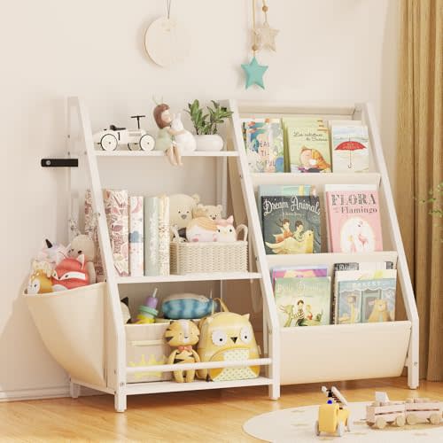 YZPGBT Kids Bookshelf and Toy Organizer, Montessori Bookcase and Toy Storage for Kids Room, 3 Tier Sling Book Rack for Toddler, Children Book Display Shelf for Nursery, Bedroom, Playroom, Classroom