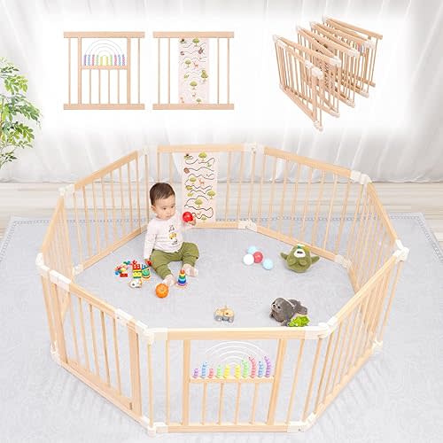 Foldable Wooden playpen,Baby Playpen,playpen for Babies and Toddlers,Baby Activity Center with Baby Gate,Portable Large playpen with Adjustable Shape and Size,Baby Fence Play Area (56x56x24inches)