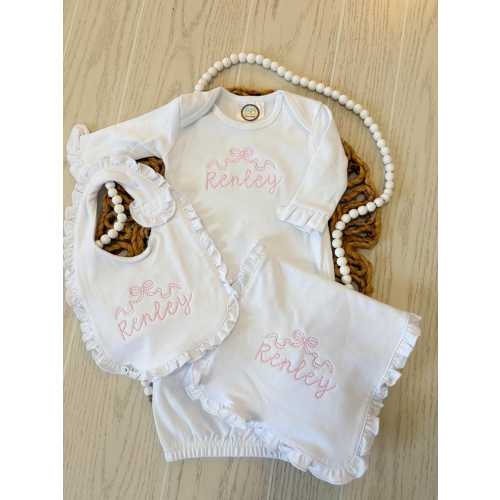 Baby Girl Coming Home Outfit – Personalized Name Embroidery, Bow Detail