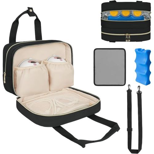 Breastmilk Cooler Travel Bag, Wearable Breast Pump Storage Bag Compatible with Momcozy/Medela/Elvie/Willow Breast Pump with Ice Pack and Waterproof Mat,Black