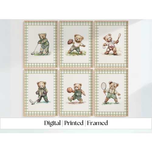 Set of 6 Vintage Teddy Bear Sports Wall Art, Babyshower Gift Boy, Watercolor Illustrations, Sports Nursery Theme Decor for Kids Room,Gingham