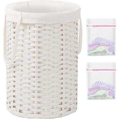 Laundry Hamper Laundry Basket Round 19.0 Gal (72 L) Handwoven Rattan Laundry Basket, Large Wicker Laundry Hamper with Removable Laundry Bag Handles 2 Mesh Bags for Bedroom Living Room White