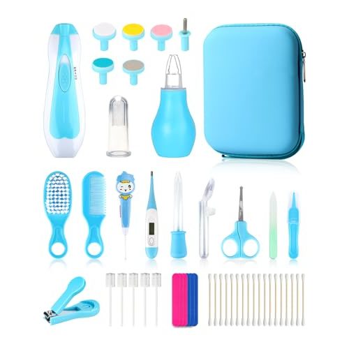 Baby Grooming and Healthcare Kit, Portable Baby Safety Care Set with Hair Brush Comb Nail Clipper Nasal Aspirator for Nursery Newborn Infant Girl Boy (32 in 1, Blue)