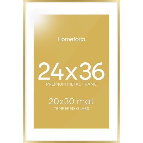 Homeforia 24x36 Gold Picture Frame, High End Metal 24 x 36 Large Poster Frames with Mat 20 by 30 inch Photo, 24x36 Gold Frame Matted to 20x30 for Print, 36x24 Frame, Tempered Glass, Wall Kit, Set of 1