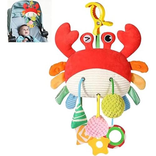 Car Seat Toys for Babies 0–12 Months, Hanging Infant Plush Rattle Toy with Mirror & Crinkle Clip-On Activity Toy for Car Seat, Stroller, Crib & Play Gym Baby Gift for Boys & Girls