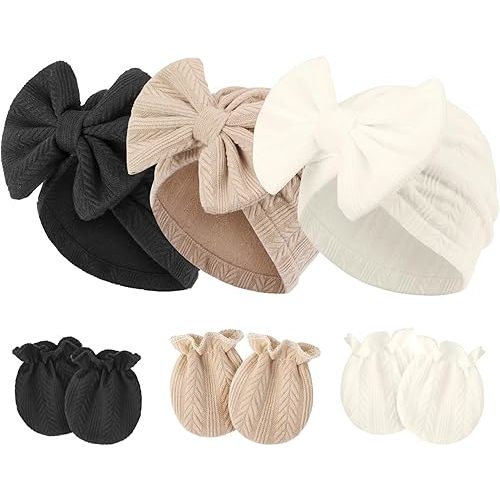 Newborn Baby Hats and Mittens Set Infant Bow Beanie Cap Toddler Gloves Newborn Hospital Hats for Baby Boy Girl 0-12 Months