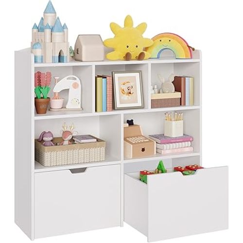 Garvee Toy Storage Organizer with Movable Drawers, Kids Bookshelf with Hidden Wheels & Open Cubbies, Multifunctional Floor Storage Chest for Playroom, White