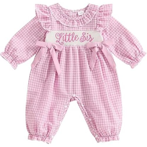 Newborn Baby Girl Little Sister Going Coming Home Outfit Ruffle Plaid Romper Cute Jumpsuit Smocked Clothes