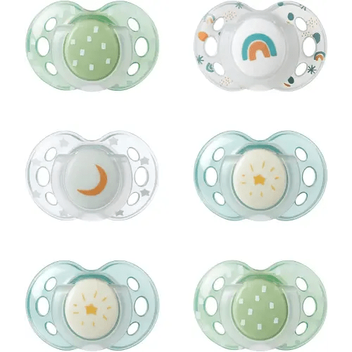 Tommee Tippee Night Time Pacifier, 18-36 Months, Symmetrical Silicone Baglet, BPA-Free Binkies, Glow in The Dark Technology, Green Rainbow, Pack of 6