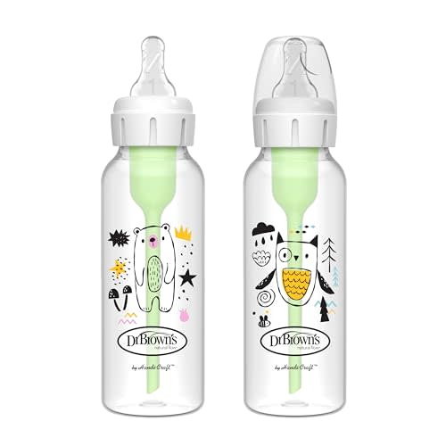 Dr. Brown's Natural Flow Anti-Colic Options+ Narrow Baby Bottle, Bear & Owl, 8 oz/250 mL, with Level 1 Slow Flow Nipple, BPA Free, 0m+, 2-Pack