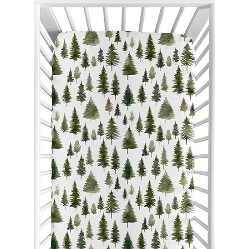 Sweet Jojo Designs Sage Green Woodland Boy Girl Gender Neutral Unisex Baby Fitted Crib Sheet Infant Newborn Nursery Toddler Bed Room Standard Mattress Forest Themed Pine Trees Abstract Watercolor