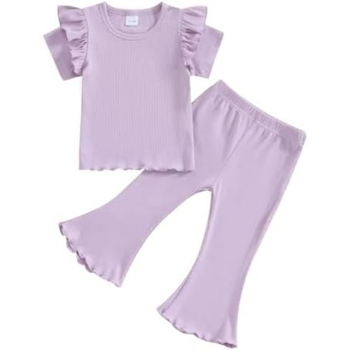 Kupretty Baby Girl Clothes Summer Solid Knit Ruffle Short Sleeve T-Shirt Tee & Flare Pants Set Toddler Bell-bottoms Outfit