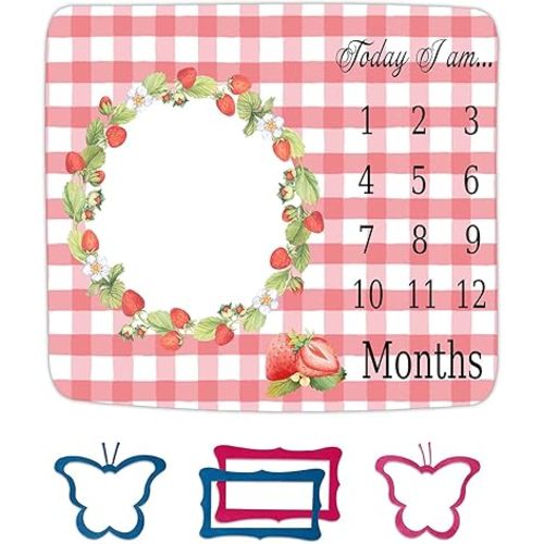 Strawberry Wreath Milestone Blanket Pink Plaid Baby Blanket Plant Personalized Swaddling Blanket Outdoor Crawling Mat 48x40in BTMYFH46