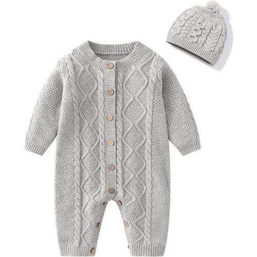 Baby Newborn Boy Knitted Sweater Romper Cotton Longsleeve Outfit with Kids Winter Warm Hats Set - Gray Set - 0-3M