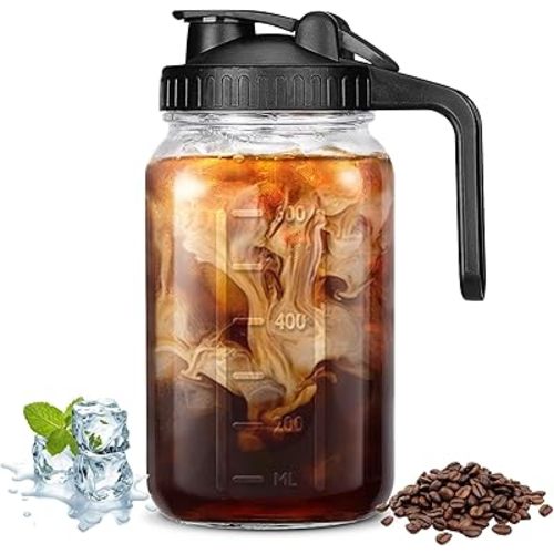 Mason Jar Pitcher with Pour Spout Handle Lid, 32OZ/1 Quart Wide Mouth Glass Pitcher with Airtight Seal Lid, Heavy Duty Pitcher with lid Nice for Breastmilk, Cold Brew Coffee, Iced Tea, Fruit Tea